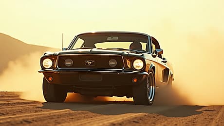 Ford Mustang 1967 noire dans le désert américain, vue trois-quarts avant